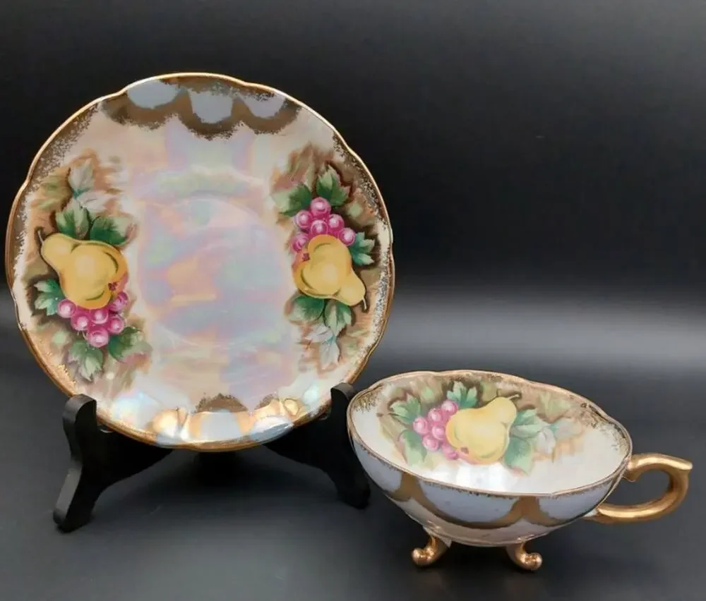 Trimont Ware Japan Lusterware Teacup Saucer Fruit Iridescent Footed Tea Cup